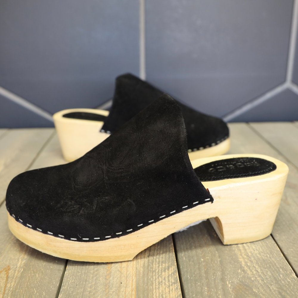 Womens Rag & Co Darcie Black Suede Wooden Clogs Handmade Mule Lotta Swedish Shoe - Picture 2 of 8